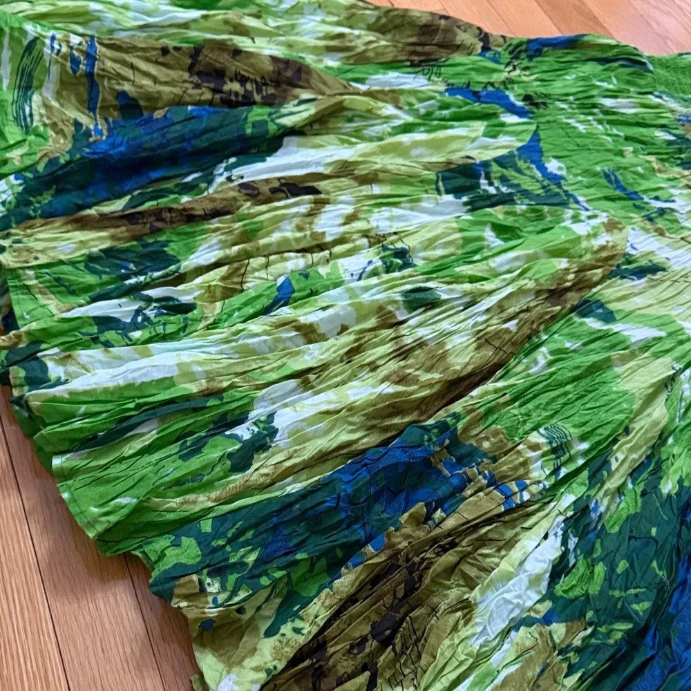 Grace Elements Green Abstract Print Skirt XL Flowy Pleated Boho Midi Skirt